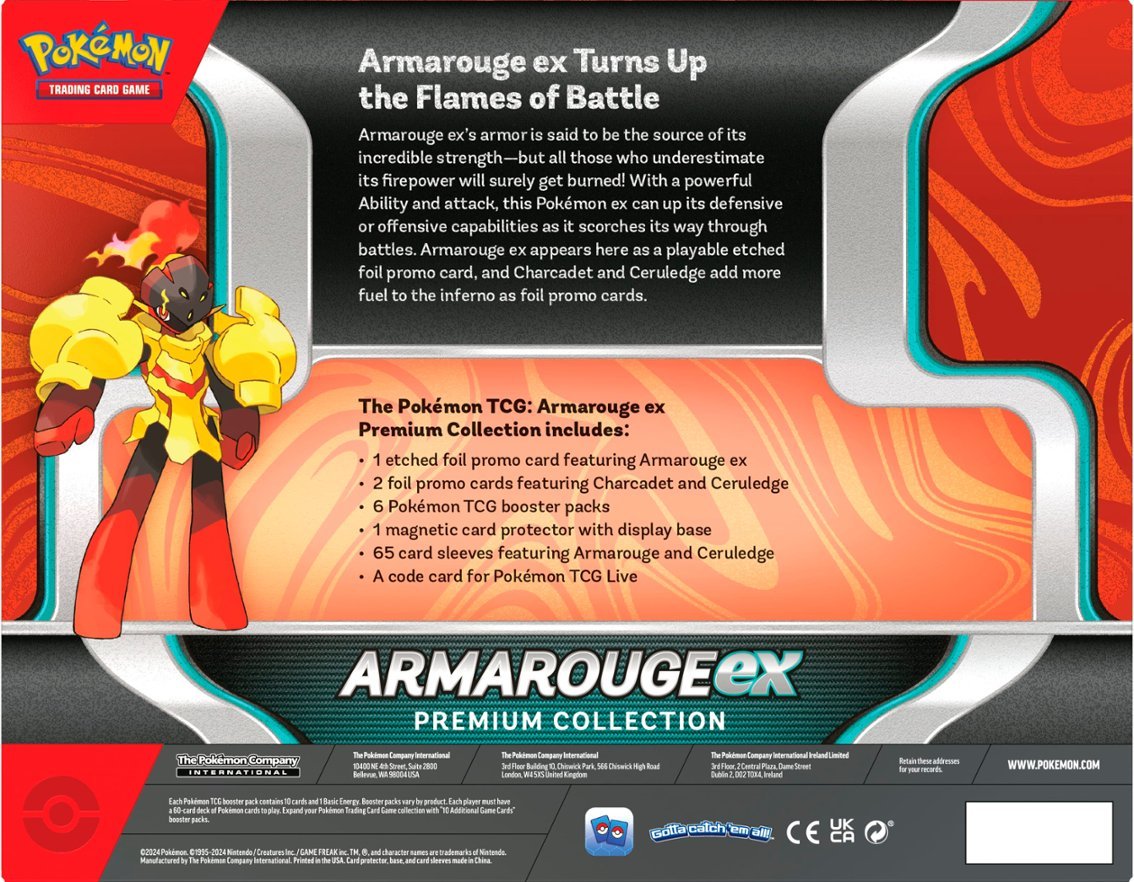 Armarouge ex Premium Collection Box – en imponerende tilføjelse til din Pokémon-samling! Indeholder eksklusive kort og booster packs.
Alt tekst: Armarouge ex Premium Collection Box med Pokémon-kort og booster packs. Indeholder også en card holder of flotte sleeves.