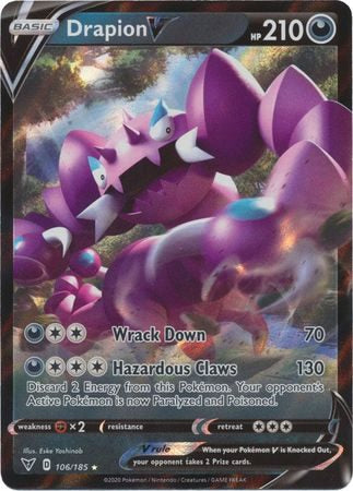 Pokémon Drapion V – 106/185 fra Vivid Voltage, ultra sjældent kort med angrebene Wild Claw og Hazardous Claws til taktiske Pokémon TCG-kampe.