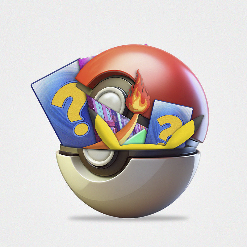 Billede af en mellemstor Pokémon Mystery Box fyldt med samlekort, booster-pakker og eksklusive Pokémon-produkter.