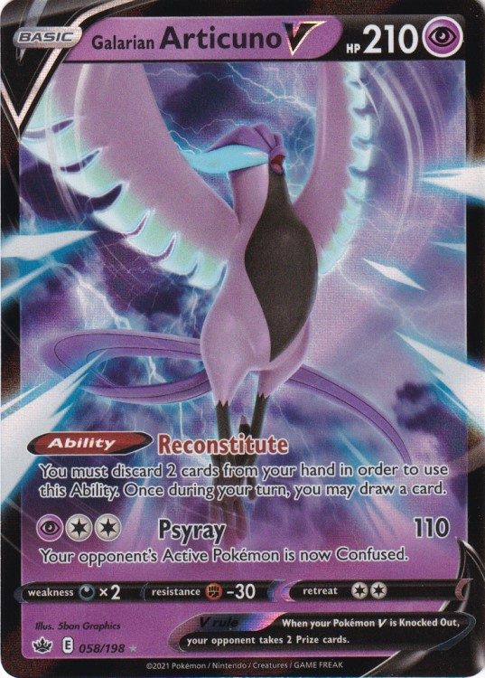 Galarian Articuno V fra Chilling Reign! Ultra sjældent kort med kraftfulde angreb og evnen 'Reconstitute'. Perfekt til din Pokémon TCG-strategi!"
And here’s an alt text suggestion:
Pokémon Galarian Articuno V – 058/198 fra Chilling Reign, ultra sjældent kort med evnen 'Reconstitute' og angrebet 'Psyray' til strategiske kampe.