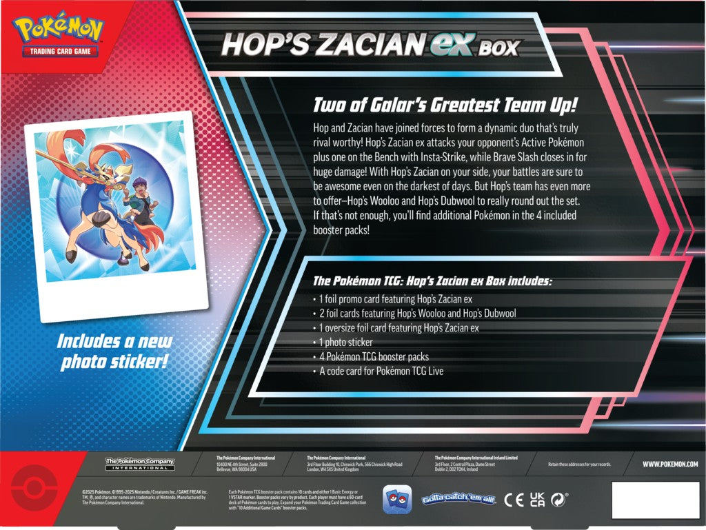 Hop’s Zacian ex Box – indeholder 1 foil promo-kort, 2 foil kort, 1 oversize foil kort, 4 boosterpakker og en kode til Pokémon TCG Live