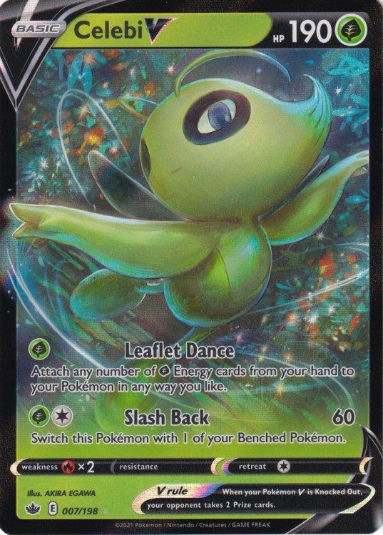 Pokémon Celebi V – 007/198 fra Chilling Reign, ultra sjældent kort med angrebene Leaflet Dance og Slash Back, ideelt til strategiske kampe.
