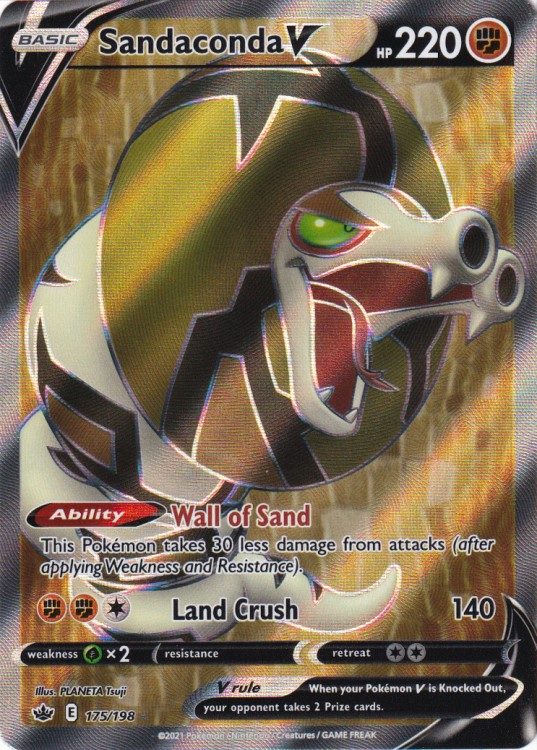 Pokémon Sandaconda V – 175/198 fra Chilling Reign, ultra sjældent Full Art-kort med stærke angreb og dynamisk design til strategiske kampe.