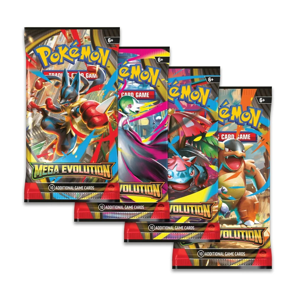 Du får 4 Pokemon TCG booster-pakker med 4 forskellige motiver.