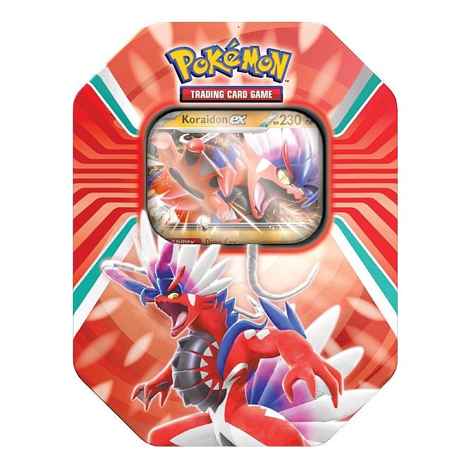 Pokémon TCG Paldea Legends Tin med Koraidon ex promo-kort og flere boosterpakker i flot tin-æske.