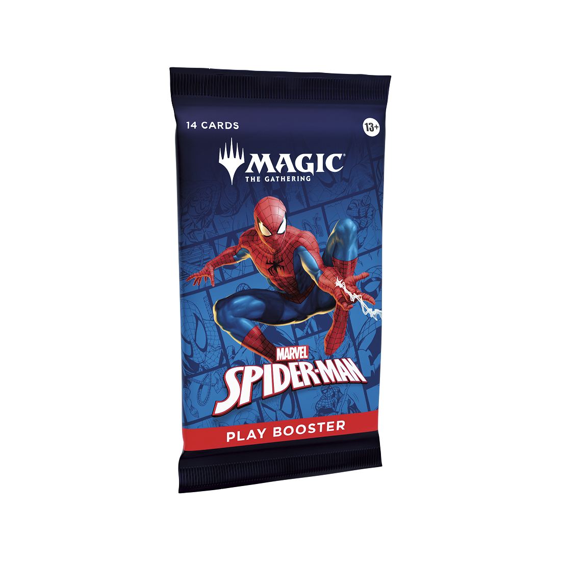 Magic: The Gathering – Marvel's Spider-Man Play Booster Pack med farverigt design og superhelte-tema fra Marvel-universet.