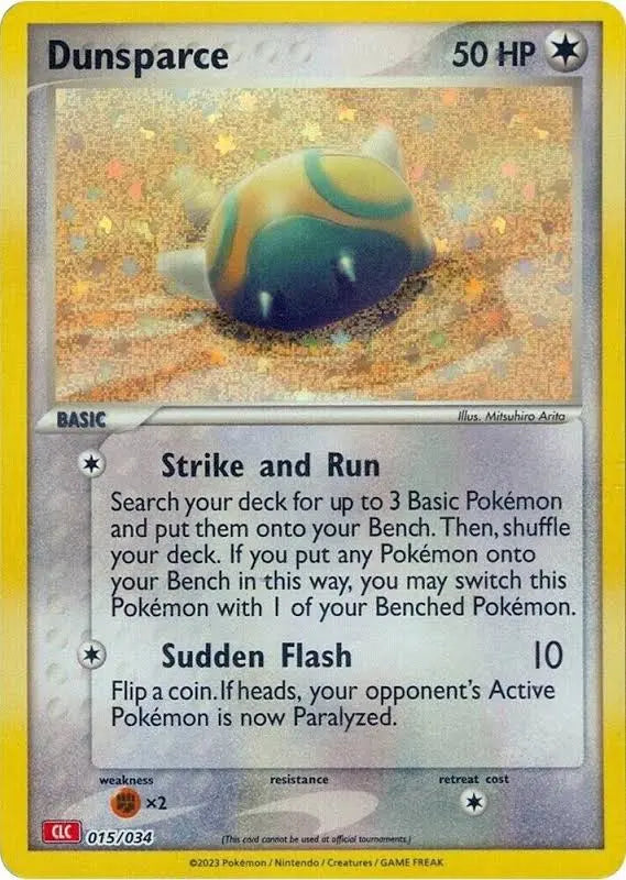 Pokémon TCG Classic-kort af Dunsparce 015/034 fra Charizard Deck med retroillustration af Dunsparce i flyvende positur med vingerne spredt og engelske tekster.