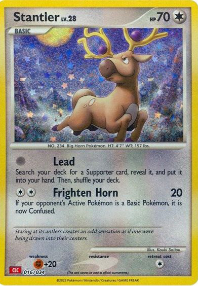 Pokémon TCG Classic-kort af Stantler 014/034 fra Charizard Deck med retroillustration af Stantler i skovmiljø, med glødende gevir og engelske tekster.