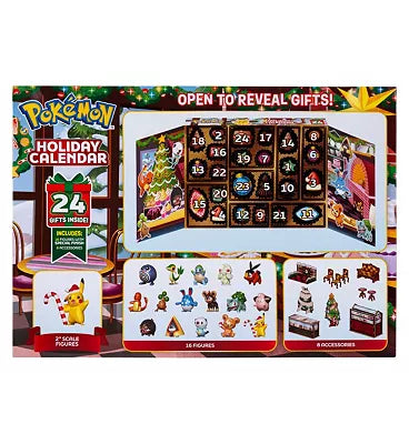 Pokémon Holiday Calendar 2025 med 16 battle-figurer og 8 vintertema-tilbehør.
