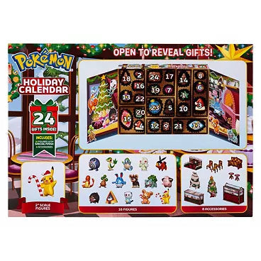 Pokémon Holiday Calendar 2025 med 16 battle-figurer og 8 vintertema-tilbehør.