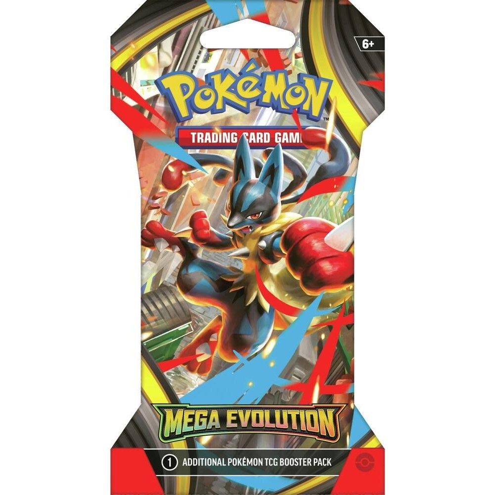 Pokémon TCG Mega Evolution Sleeved Booster Pack med artwork af Mega Lucario, indeholdende 10 kort og en energikode, pakket i farverig blister med metallic finish.