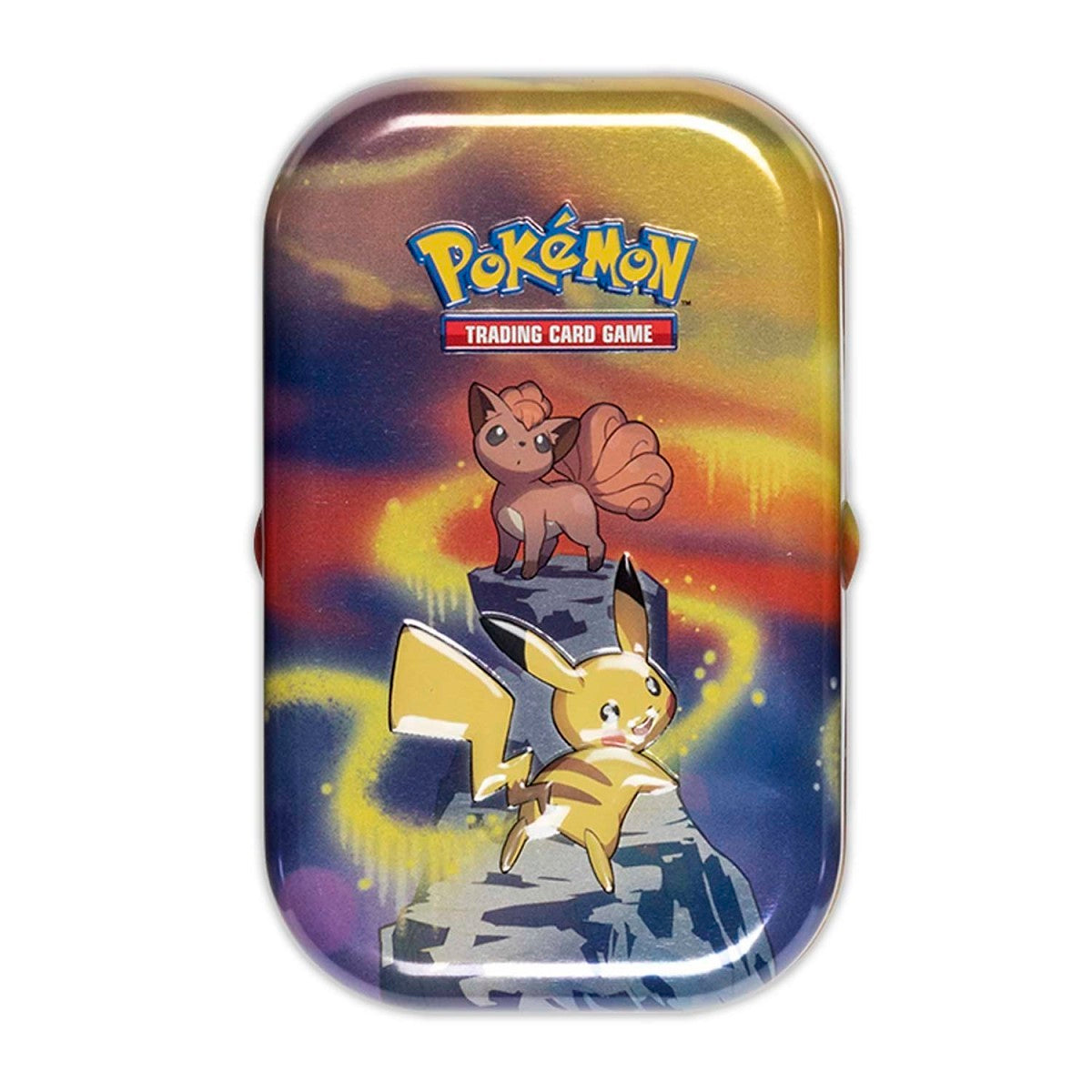 Pokémon TCG Kanto Power Mini Tin med artwork af Pikachu og Vulpix, indeholdende to boosterpakker, en metallic mønt og et kunstkort i en kompakt metaldåse.