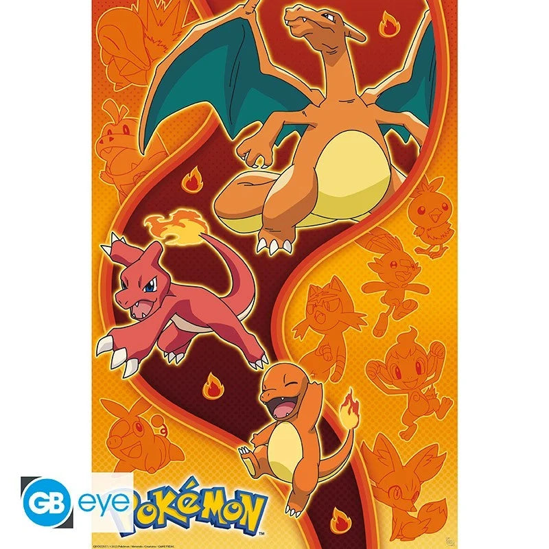 Pokémon – Poster Maxi 91.5x61 – Fire Type. En dynamisk plakat med kraftfulde Pokémon fra ildtypen.