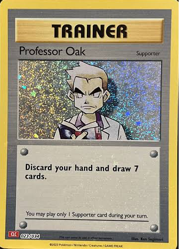 Professor Oak 025/034 Supporter-kort fra Pokémon TCG Classic Charizard Deck, med holografisk artwork af Professor Oak i sit laboratorium, klar til at vejlede nye trænere.