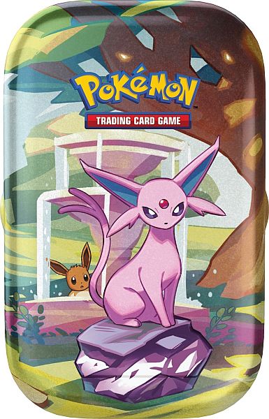 Pokémon SV8.5 Prismatic Evolutions Mini Tin med Espeon – en elegant og farverig metalboks med Pokémon-design.