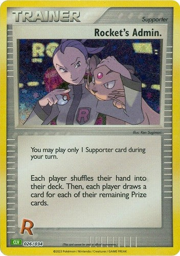 Rocket’s Admin. 026/034 Trainer-kort fra Pokémon TCG Classic Venusaur Deck, med artwork af to Team Rocket-ledere i mørkt rum, der planlægger taktisk manipulation.