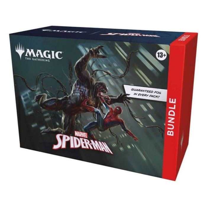MTG Marvel's Spider-Man Bundle featuring themed Magic: The Gathering cards with Spider-Man artwork and packaging.