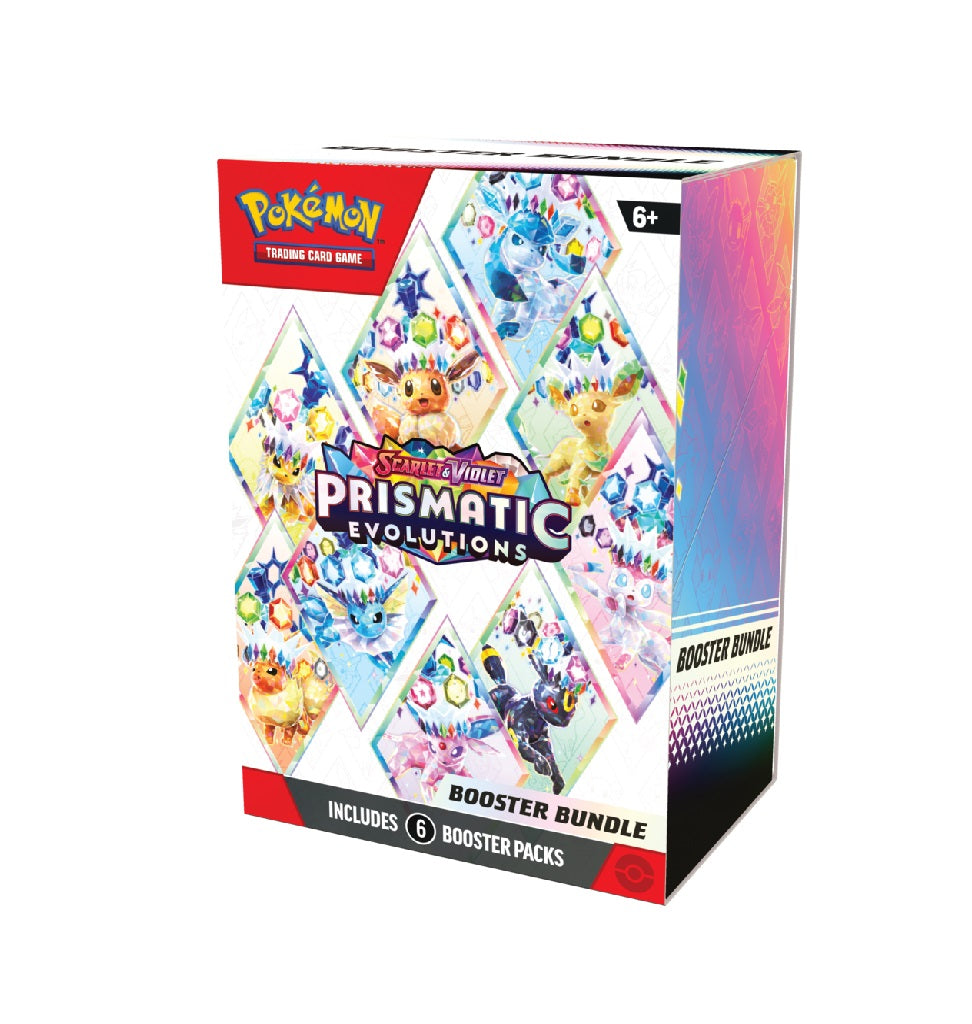 Alt Text: Pokémon SV8.5 Prismatic Evolutions Booster Bundle med 6 boosterpakker og ikoniske Eevee-evolutioner – ideel til fans og kortentusiaster.