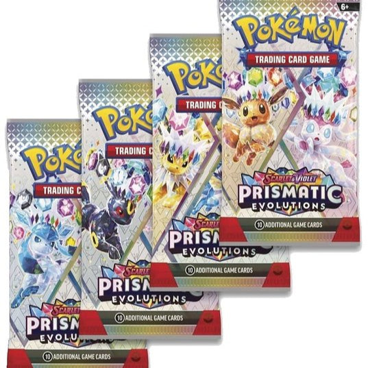 Pokémon TCG: Scarlet & Violet – Prismatic Evolutions artsæt med 4 booster-pakker og eksklusive kort med Eevee og dens udviklinger.