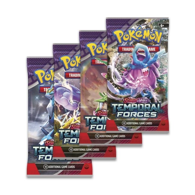 Du får et sæt med 4 booster-pakker fra Scarlet & Violet - Temporal Forces-udvidelse. Det er fin mulighed for at få boosters med alle 4-motiver samtidig.