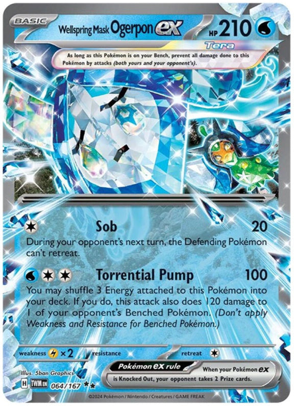 Et billede af Wellspring Mask Ogerpon ex - 064/167 Pokémon-kortet fra Twilight Masquerade-serien, der viser dets vandbaserede design, holofoil-effekt og angrebsstatistikker.