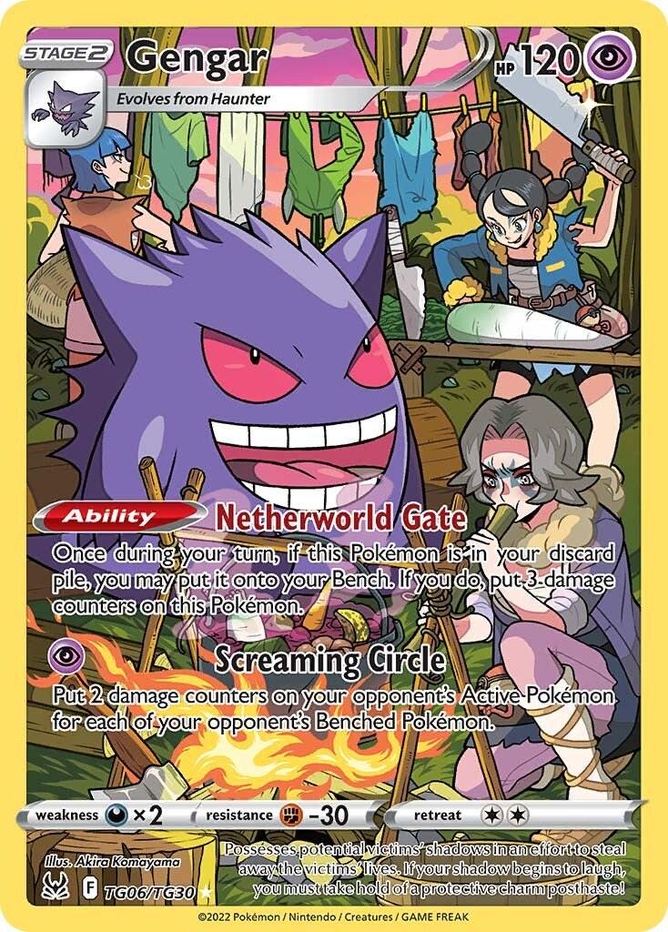 Illustreret Pokémon-kort med Gengar fra Trainer Gallery-serien. Gengar står foran et mørkt telt i en skov, med et bredt, uhyggeligt grin. Kortet har evnen 'Netherworld Gate' og angrebet 'Screaming Circle'. Baggrunden er stemningsfuld og natlig, med lilla og blå nuancer. Kunstner: Akira Komayama.
