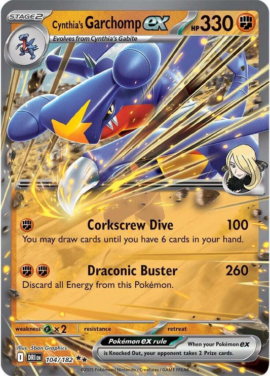 Cynthia’s Garchomp ex er et Double Rare / Super Rare ex (SV) kort fra Pokemon SV10 Destined Rivals serien.
Kortet har nummer 104/182.
Kortet ef i god stand (Near Mint eller bedre).