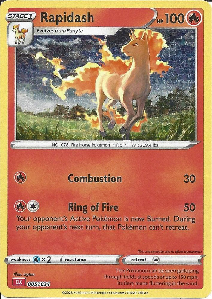 Pokémon TCG Classic-kort af Rapidash 005/034 fra Charizard Deck med retroillustration af Rapidash i galop med flammende manke og engelske tekster.