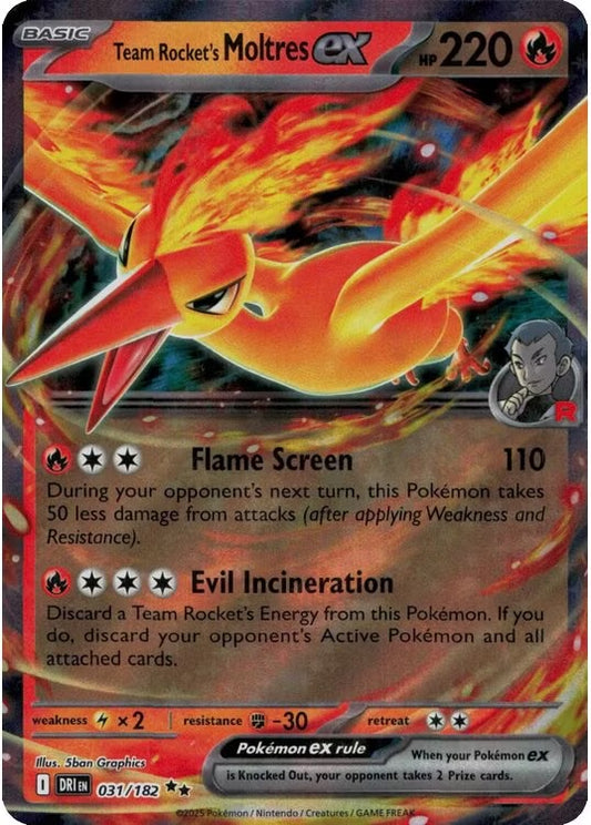 Team Rocket’s Moltres ex er et Double Rare / Super Rare ex kort fra Pokemon SV10 Destined Rivals serien med nummer 032/182