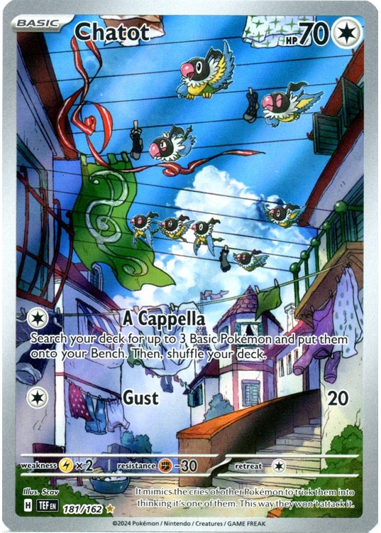 Chatot – 181/162 SV05 Temporal Forces Pokémon-kort med livlige farver og unik holografisk effekt.