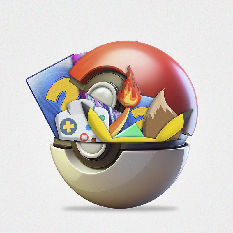 Billede af en Pokémon Premium Mystery Box fyldt med elite-trænersæt, samlekort og eksklusive Pokémon-produkter.