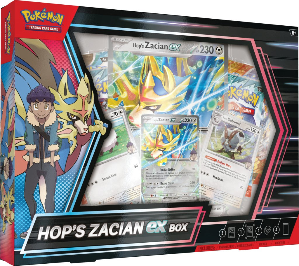 Hop’s Zacian ex Box – indeholder 1 foil promo-kort, 2 foil kort, 1 oversize foil kort, 4 boosterpakker og en kode til Pokémon TCG Live.