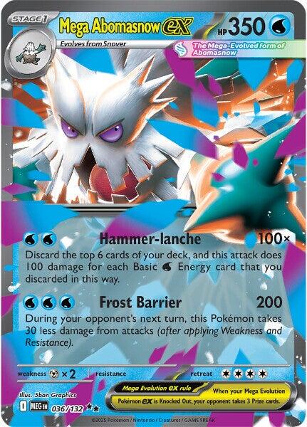 Mega Abomasnow ex er et Double Rare / Super Rare kort fra Pokemon ME01 Mega Evolution serien. Kortet har nummer 036/132.