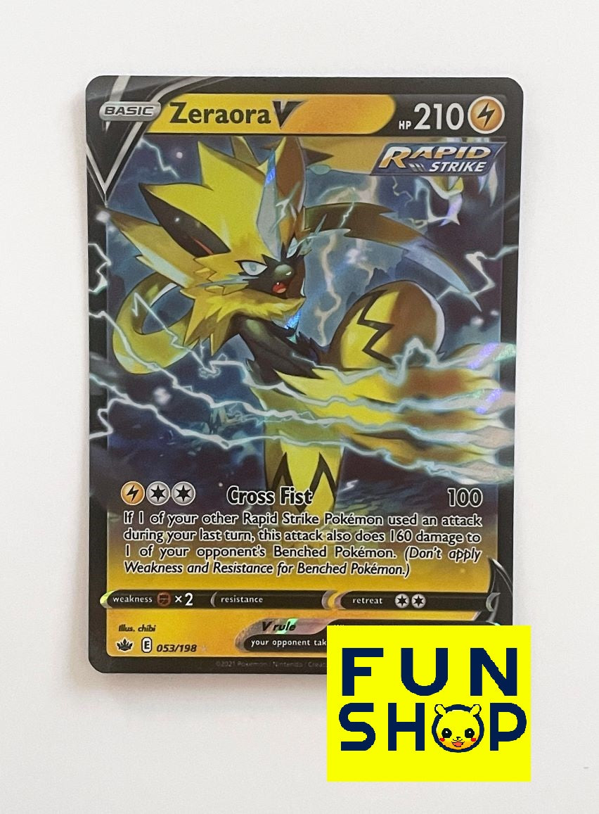 Pokémon kort Zeraora V – Ultra Rare 053/198 fra Chilling Reign. Kraftfuldt elektrisk kort med dynamisk design og skinnende holografisk finish.