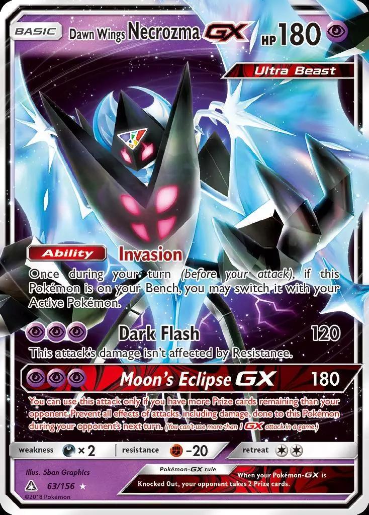 Pokémon Dawn Wings Necrozma GX – 063/156 fra Ultra Prism-serien, med stærke angreb og evnen 'Invasion' til strategiske kampe.