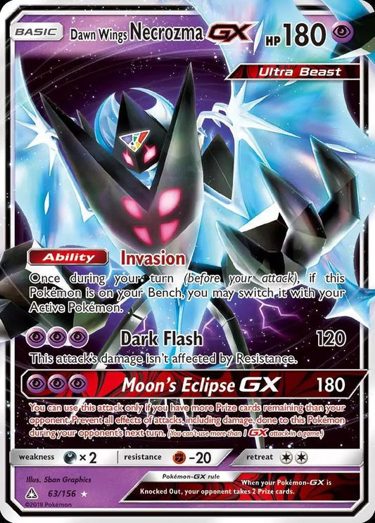 Pokémon Dawn Wings Necrozma GX – 063/156 fra Ultra Prism-serien, med stærke angreb og evnen 'Invasion' til strategiske kampe.