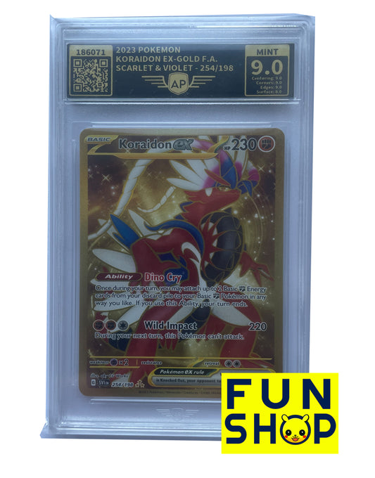 Koraidon 254/198 Hyper Rare Pokémon-kort fra Scarlet & Violet med levende Full-Art design, vurderet Mint (grade 9) af AP Grading.
