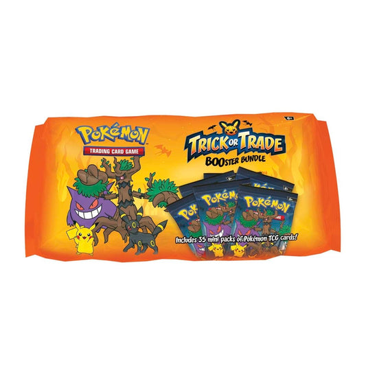 En Pokemon Trick or Trade BOOster Bundle med 35 mini-pakker. Hver mini-pakke indeholder 3 kort. 