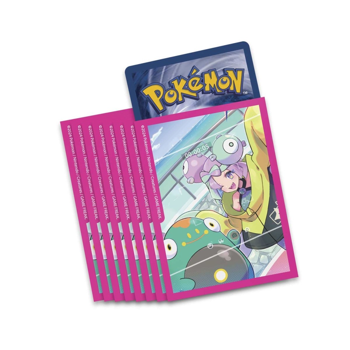 Pokémon Iono Premium Tournament Collection indeholder bl.a. farvelige kort sleeves med Iono-motiv på.