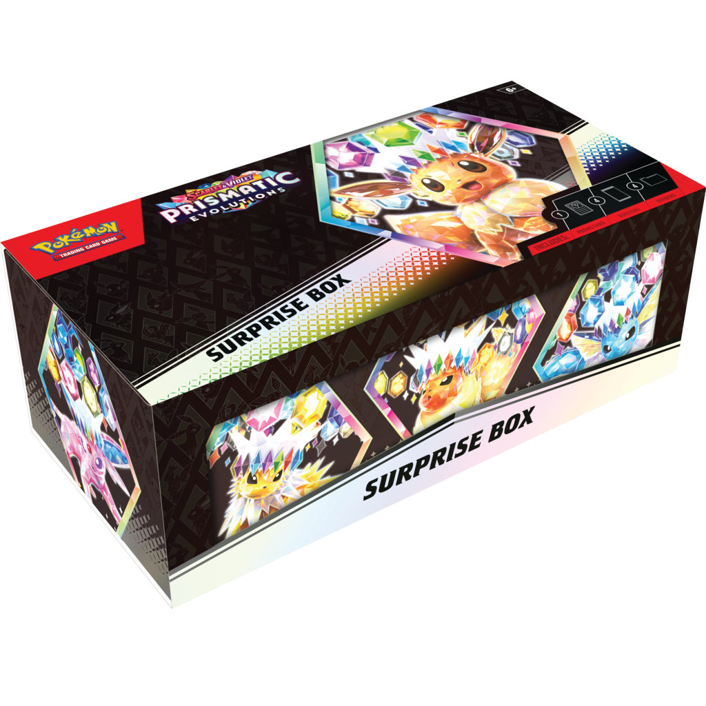 Pokémon SV8.5 Prismatic Evolutions Surprise Box Collection – flot designet æske med unikke Pokémon-kort og tilbehør.
