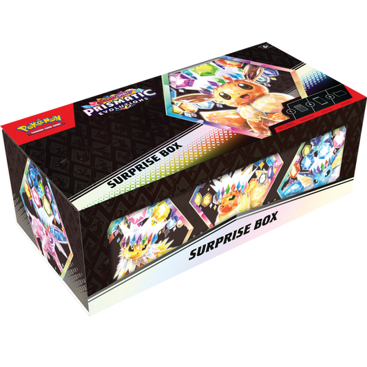 Pokémon SV8.5 Prismatic Evolutions Surprise Box Collection – flot designet æske med unikke Pokémon-kort og tilbehør.
