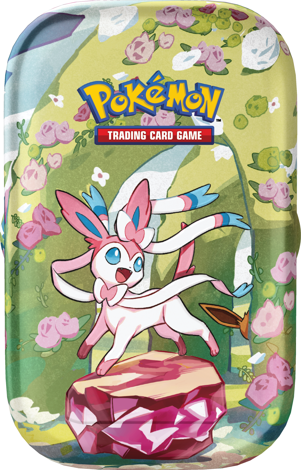 Pokémon SV8.5 Prismatic Evolutions Mini Tin med Sylveon – en elegant og farverig metalboks med Pokémon-design.