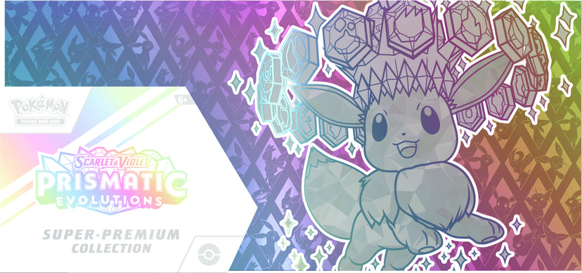 Pokémon SV 8.5 Prismatic Evolutions Super Premium Collection, med Eevee og dens udviklinger, samt eksklusive kort, boosterpakker og tilbehør.