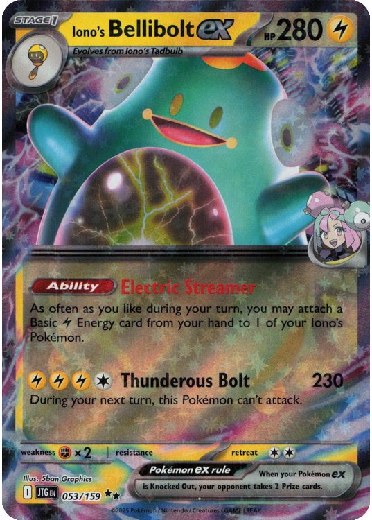 Iono’s Bellibolt ex – 053/159 SV09 Journey Together Pokémon-kort med dynamisk design og imponerende holografiske effekter.