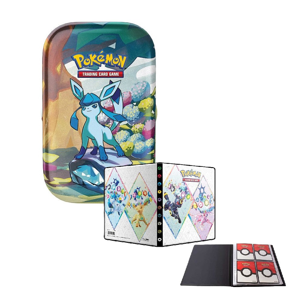 Pokémon SV8.5 Prismatic Evolutions Poster Mini Tin & mappe – sæt med booster-pakker, promo-kort, mønt og en praktisk kortmappe.