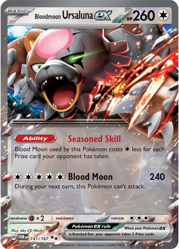 Bloodmoon Ursaluna ex er et Double Rare / Super Rare ex kort fra Pokemon SV06 Twilight Masquerade serien. Kortet har nummer 141/167.