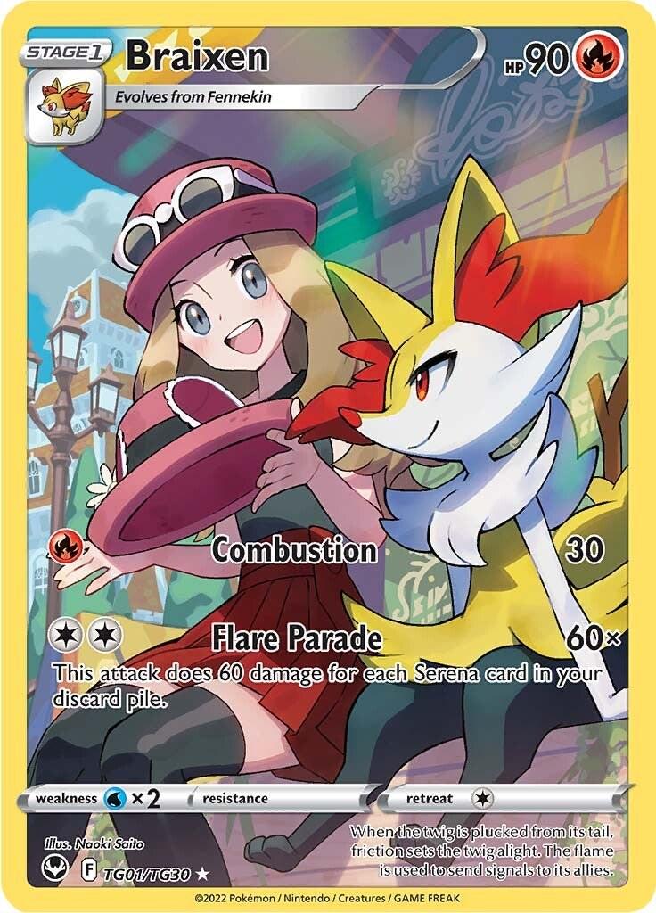 Braixen er et Super Rare Holo kort fra Pokemon SWSH Silver Tempest serien. Kortet har nummer TG01/TG30.