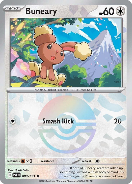 Buneary er Reverse Holo kort med Pokeball motiv fra SV08.5 Prismatic Evolutions serien. Kortet har nummer 083/131.