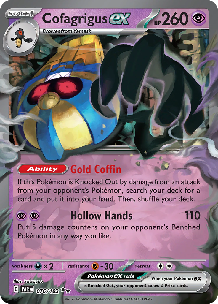 Cofagrigus ex er et Double Rare / Super Rare ex (SV) kort fra Pokemon SV04 Paradox Rift serien. Kortet har nummer 076/182. 