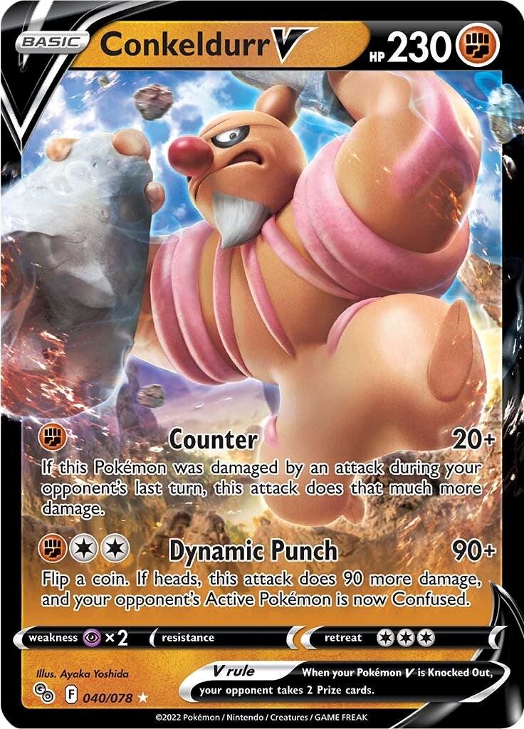 Conkeldurr V er et Super Rare kort fra SWSH Pokemon GO TCG serien.